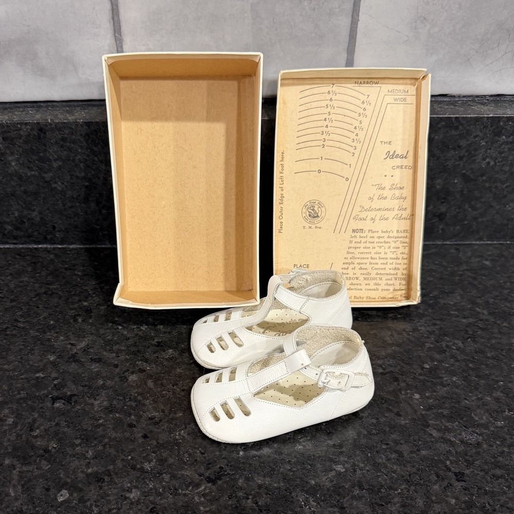 Mrs Days Ideal Baby Shoes Vintage 1960's T-Strap White Size 0 With Original Box - Picture 11 of 16